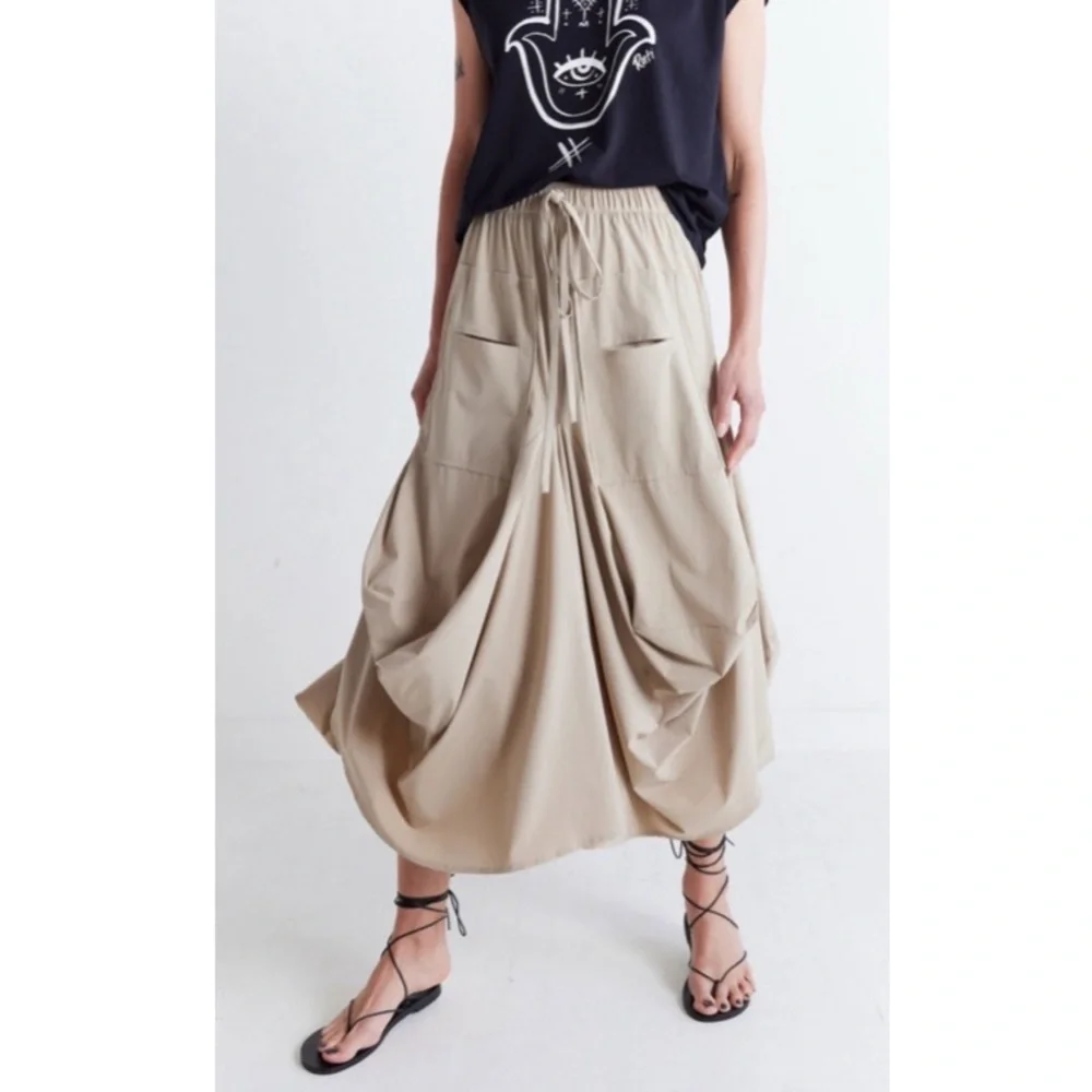 Ruti The Go-To Nylon Blend Tan Khaki Size XS / S Draped Lagenlook Midi Skirt - Picture 7 of 16